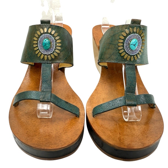 Calleen Cordero T Strap Platform Wedge‎ Wood Sandals Turquoise Concho Size 10 - Picture 3 of 10